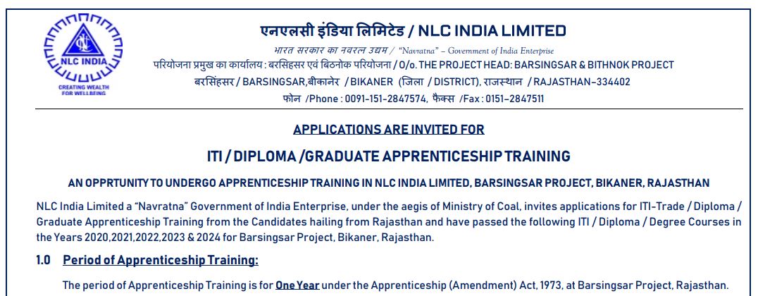 NLC India Ltd Apprentice Recruitment 2024 - Apply Online for 163 Posts