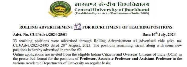 CUJ Teaching Job Notification 2024