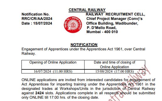 Central Railway Apprentice Recruitment 2024