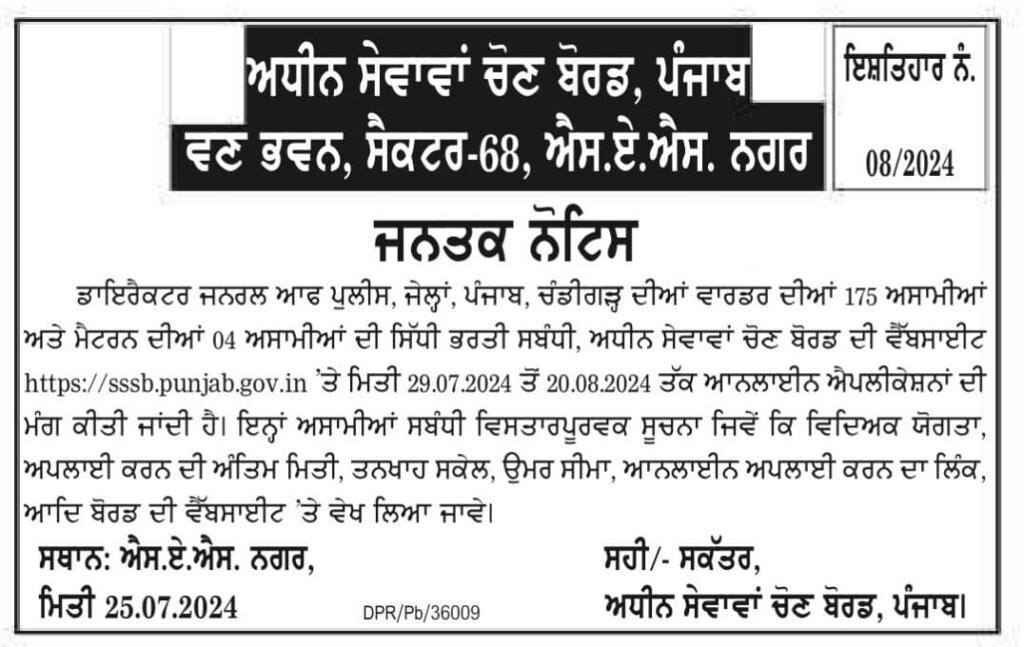 Punjab Police Jail Warder Vacancy 2024 Apply Online