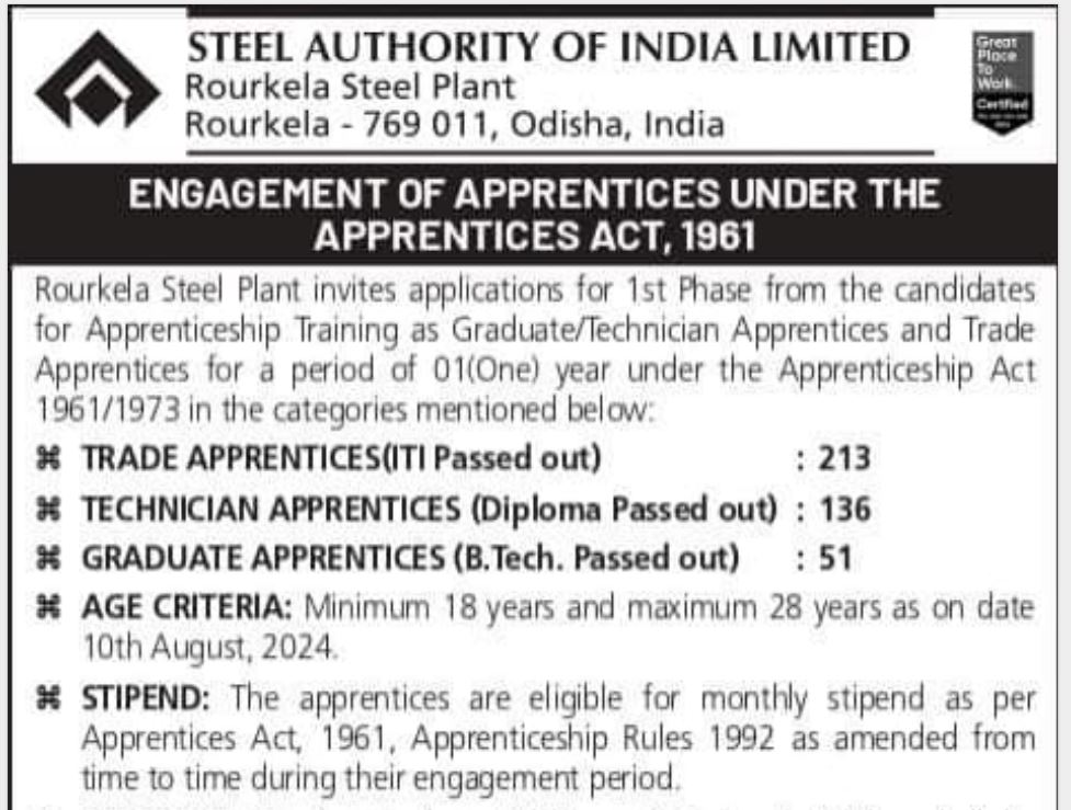 SAIL Rourkela Apprentice Recruitment 2024