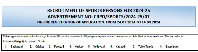 SBI Sports Quota Recruitment 2024 Post 68