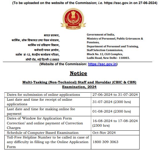 SSC MTS and Havaldar Notification 2024