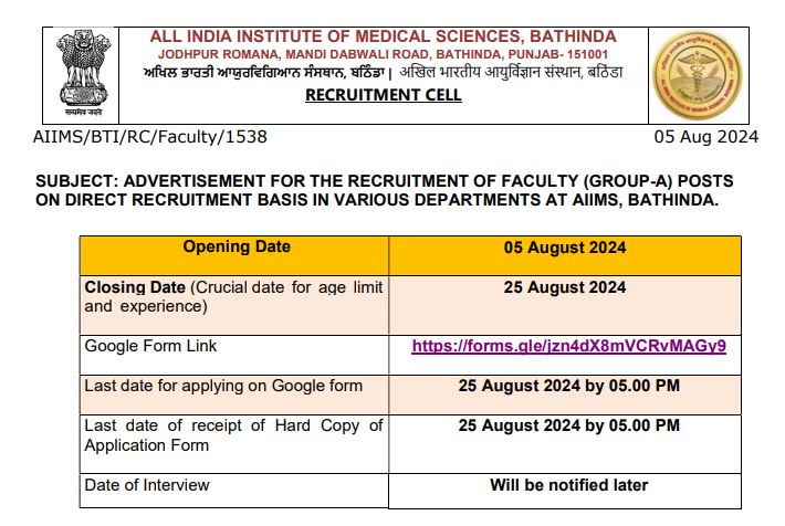 AIIMS Bathinda Faculty Recruitment 2024