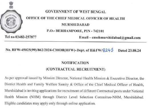 CMOH Murshidabad Recruitment 2024 apply online