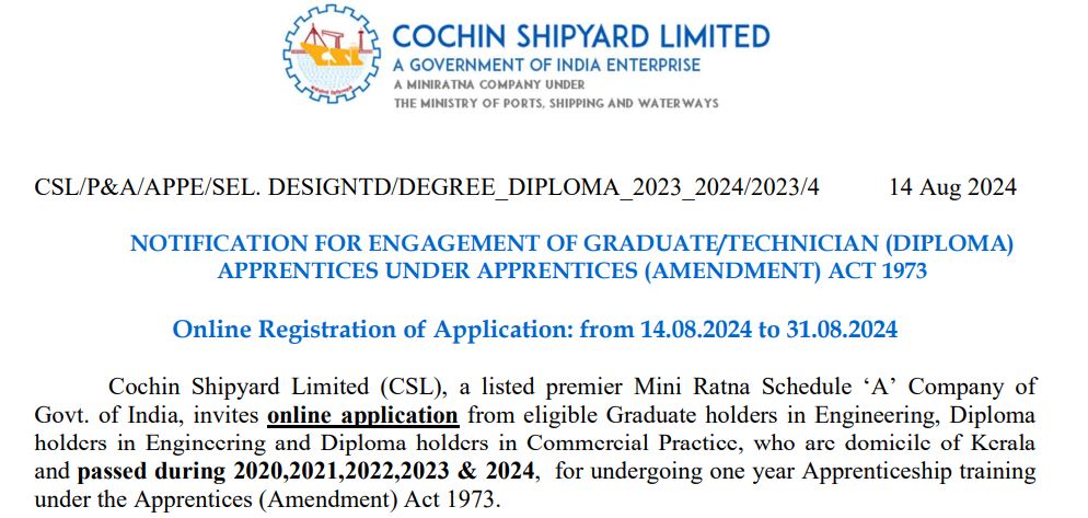 Cochin Shipyard Limited Recruitment 2024