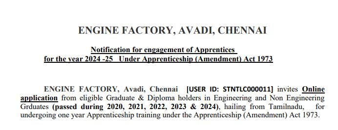 Engine Factory Avadi Apprentice Recruitment 2024