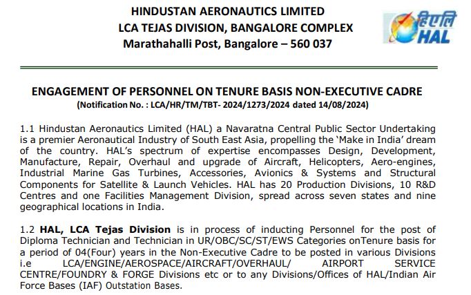 HAL Non Executive Cadre Recruitment 2024