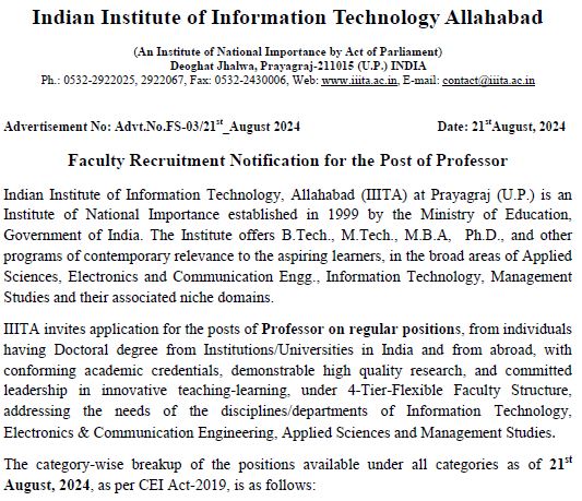 IIIT Allahabad Professor Recruitment 2024 for 56 Post