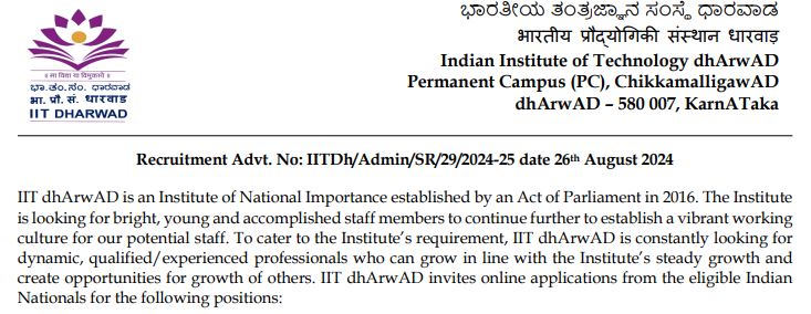 IIT Dharwad Staff Recruitment Notification 2024 IIT Dharwad Staff Recruitment Notification 2024