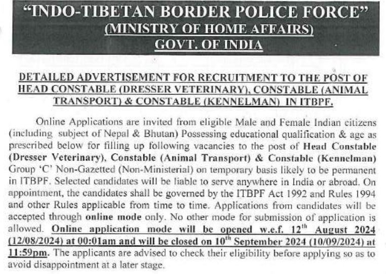 ITBP Head Constable and Constable Recruitment 2024