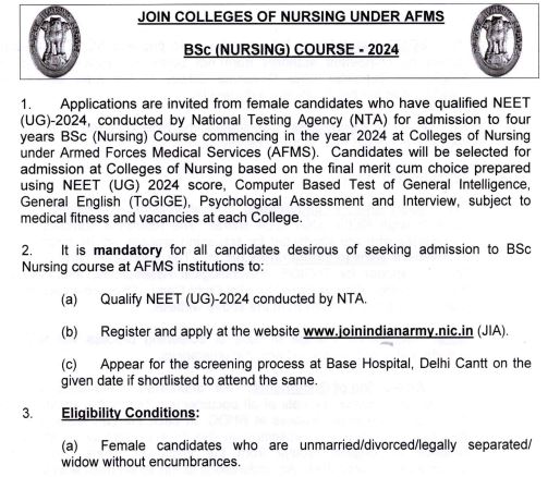 Indian Army BSc Nursing Admission 2024