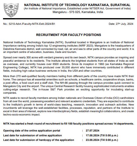 NIT Karnataka Surathkal Faculty Recruitment 2024