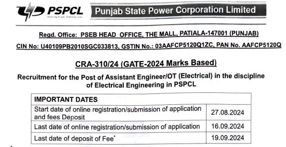 PSPCL Assistant Engineer Electrical Online Form 2024