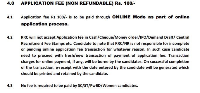 RRC NR Apprentice Recruitment 2024 Application Fees