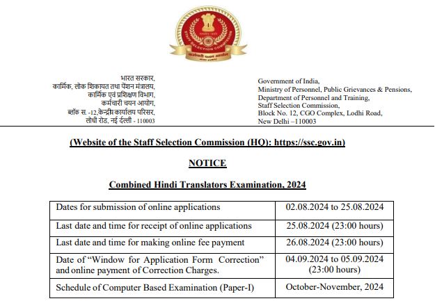 SSC Combined Hindi Translators Exam 2024
