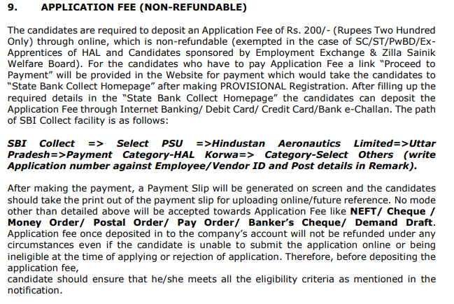 Application Fee for HAL Operator Recruitment 2024