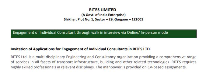 RITES Ltd Individual Consultant Online Form 2024