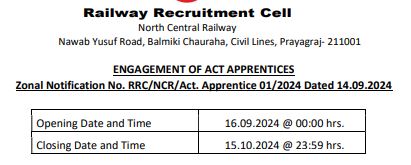 RRC NCR Apprentice Recruitment Online Form 2024