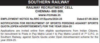 RRC SR Sports Quota Recruitment 2024