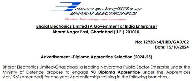 BEL Diploma Apprentice Recruitment 2024 apply now