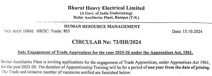 Bhel ranipet trade apprentice 2024 apply now offline