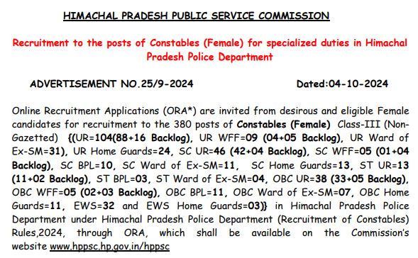 HPPSC Female Constable Recruitment 2024 apply now