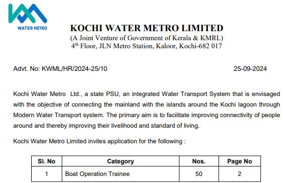 Kochi water metro limited recruitment 2024 apply now
