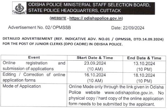 Odisha police junior clerk online apply now 2024