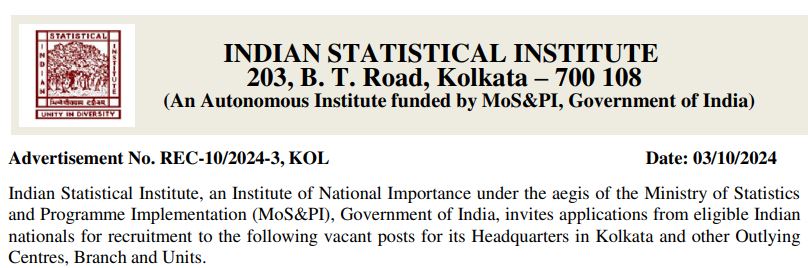 Indian Statistical Institute Recruitment notice 2024