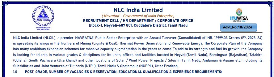 NLC India Limited Recruitment 2024 notification