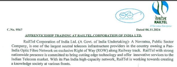 Railtel apprentice recruitment 2024 apply now online